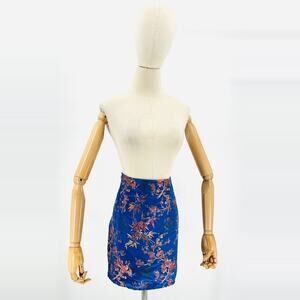 Y2K Brocade Royal Blue Asian Floral Side Slit Mini Skirt